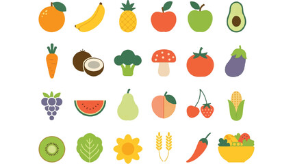Obraz premium Vibrant assortment of fresh healthy fruits and vegetables artfully arranged in neat rows on a clean white background