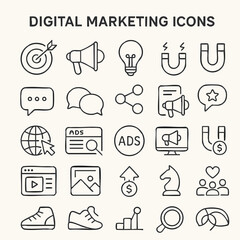 Digital Marketing Icons: A comprehensive set of neatly designed icons, perfect for representing diverse aspects of online marketing and digital promotion.