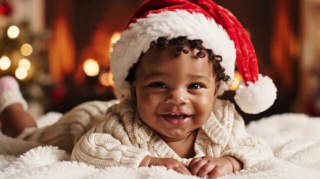 A heartwarming portrait of a joyful baby, adorned in a festive Santa hat and cozy attire, celebrating the magic of the holiday season with a cheerful smile