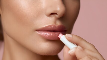 Naklejka premium Close-up of a woman applying lip balm to her lips, showcasing a beauty routine.