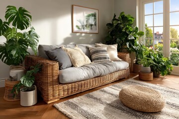 Fototapeta premium Cozy Living Room with Rattan Sofa, Houseplants, and Sunlight