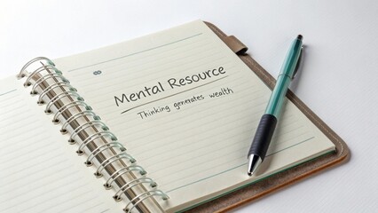 Mental Resource Notepad with Pen Signifying Thought and Wealth Generation in a Modern Workspace Environment