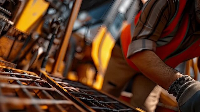 Construction worker in safety vest and hard hat working on metal framework