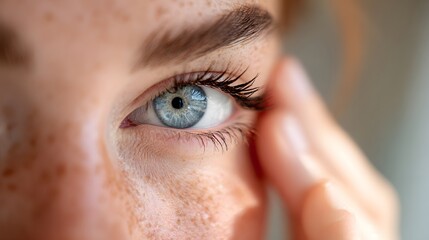 Close-up of a womans blue eye with detailed iris and eyelashes, showing a thoughtful expression.