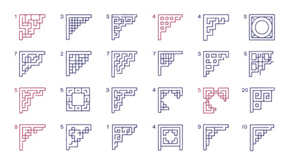 A grid of traditional chinese corner bracket designs in blue line art on a clean white background for architectural decoration