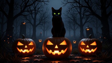 Black cat with glowing eyes on jackolantern in Halloween forest