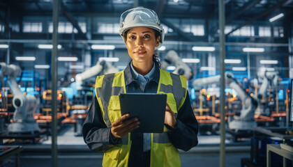 Female industrial engineer standing in a large automated factory holding a digital tablet.