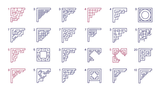 A grid of traditional chinese corner bracket designs in blue line art on a clean white background for architectural decoration