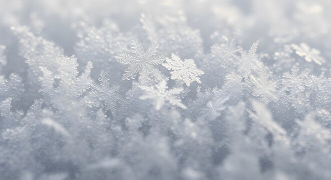Macro photography of intricate real snowflake crystals resting on fresh snow with cold white and blue tones
