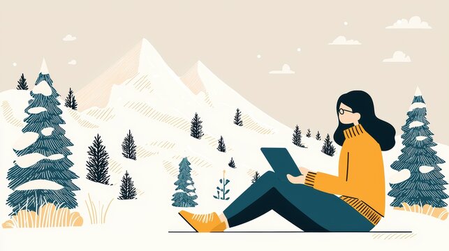 Remote worker taking a break in nature for mental health digital artwork winter landscape outdoor relaxation