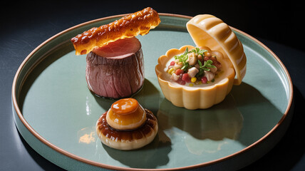 Illustration of gourmet fine dining dish with steak, tartare, and pastry on plate