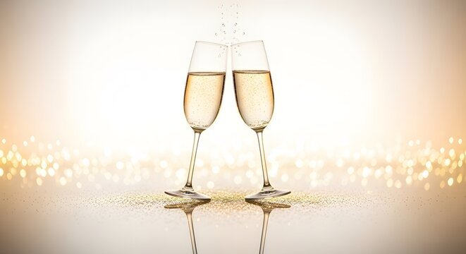 Two champagne glasses toasting on reflective surface with golden bokeh lights background for celebration and romantic occasion