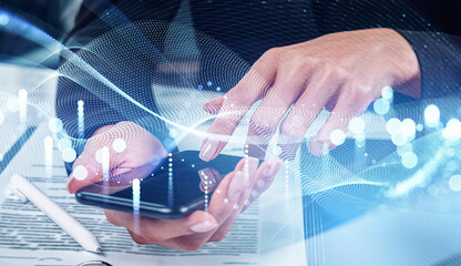 Hands of businesswoman using smartphone with digital waves overlay, futuristic graphic style, office background, concept of financial technology