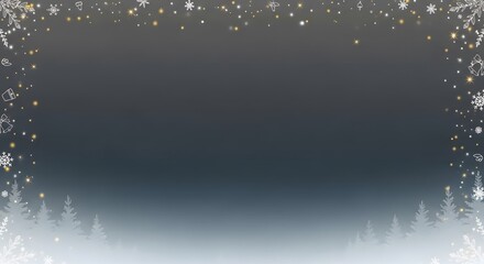 Minimalist winter background with snowy forest edge and falling snowflakes on dark gradient sky with copy space for design