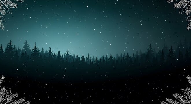 Magical winter night background with snowy forest silhouette and frost border under starry sky for Christmas holiday design - Powered by Adobe