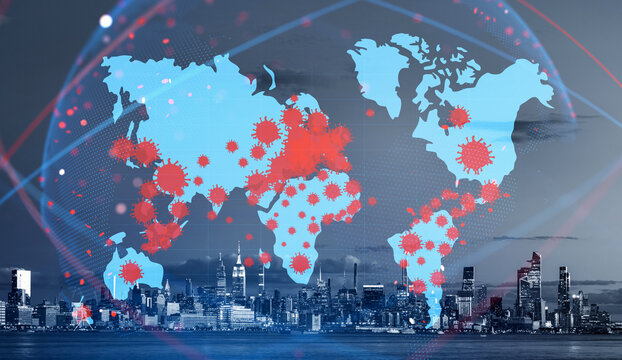 World map with virus symbols overlayed above New York City skyline at dusk, digital graphic style, pandemic concept of global virus spread and impact - Powered by Adobe