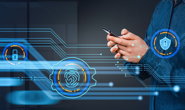 A person holding a smartphone with digital fingerprint, shield, and padlock icons on futuristic blue circuit background, concept of mobile cybersecurity