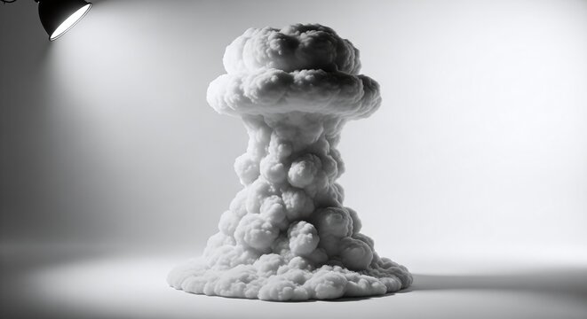 A striking white mushroom cloud formation, resembling a nuclear explosion, captured in a studio setting with focused lighting and stark contrast