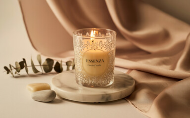 Illustration of a lit scented candle in a patterned glass on marble coaster
