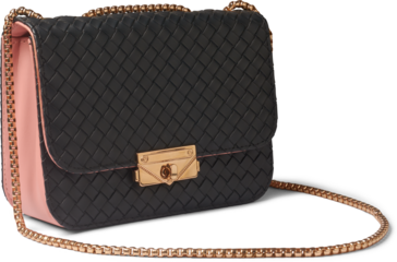 woven black leather crossbody bag with pink sides, elegant shoulder purse with gold chain isolated white background, fashion accessory with turn-lock clasp