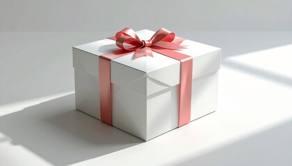 Elegant White Gift Box with Pink Ribbon on a Bright Background