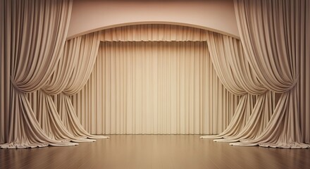 Elegant draped stage curtains revealing warm wood floor presentation scene
