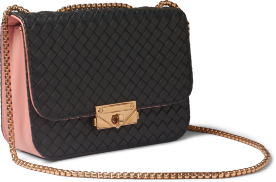 woven black leather crossbody bag with pink sides, elegant shoulder purse with gold chain isolated white background, fashion accessory with turn-lock clasp