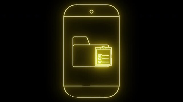 A smartphone icon with a glowing yellow outline displays a folder  checklist on its screen