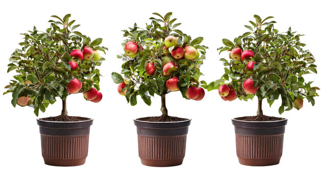 Set of Three Potted Red Apple Trees Isolated on White Background