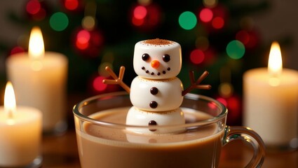 Marshmallow snowman in hot chocolate with candles and Christmas tree