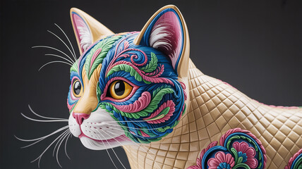Illustration of close up of a decorative cat sculpture with colorful patterned face