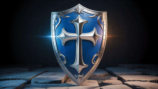 Illustration of ornate medieval knight shield with a prominent cross emblem