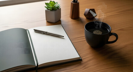 Open notebook with pen coffee cup and succulent on wooden desk.
