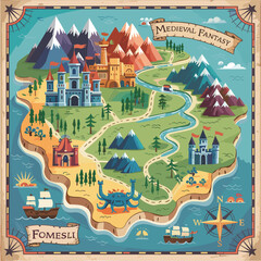 Cartoon medieval fantasy map with castles mountains and sea creatures illustration