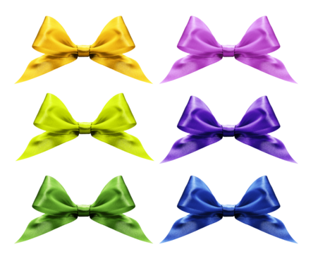 six vibrant satin ribbon gift bows in various colors, including yellow, purple, green, and blue, arranged and isolated on a solid transparent background.