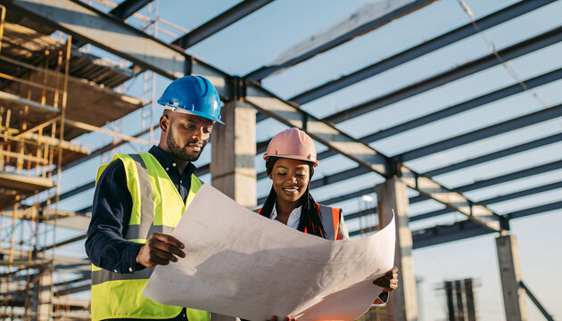 Black male and female construction workers reviewing blueprints at a structural steel job site.