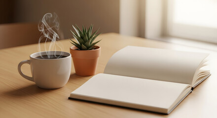 Coffee cup and open book on wooden table with plant.