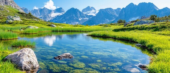 A scenic landscape featuring a clear lake, vibrant green grass, and majestic snow-capped mountains under a bright blue sky. The image captures a serene and natu