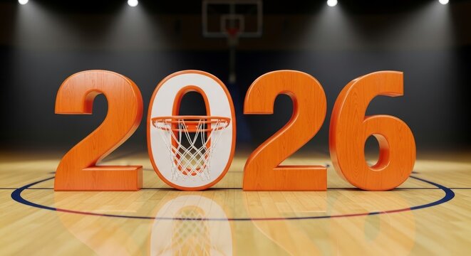 Basketball Championship Event Illustration - Illustration of 2026 year date on a basketball court with basketball hoop in the number zero