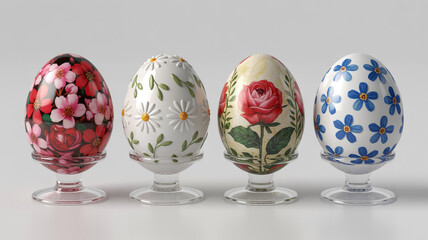 Illustration of four intricately decorated easter egg display on clear stand