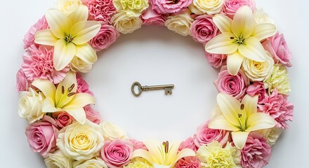 Floral Wreath Surrounding an Antique Key Offers a Romantic Aesthetic