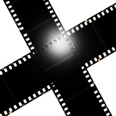 Fototapeta premium Abstract cinematic film strips crossing in a star shape isolated on white background
