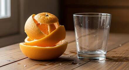 Freshly peeled orange and glass, preparing for the juice extraction