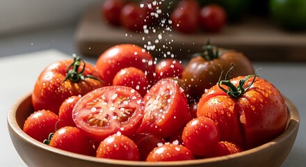 Freshly harvested tomatoes in wooden bowl with salt sprinkles added