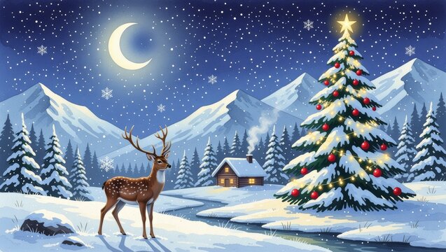 Winter night with reindeer, Christmas tree, snowy cabin