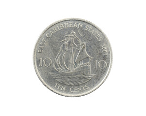 Caribbean ten cents coin on white isolated background