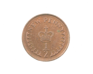 England half a new penny coin on a white isolated background