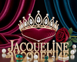 Illustration of royal crown on heart pillow with name jacqueline and rose