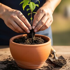 Gentle hands planting a young seedling into a terracotta pot of soil