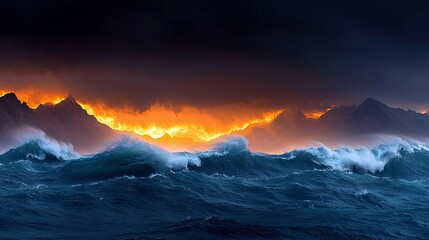 Dramatic seascape featuring ocean waves crashing against mountains under a dark, stormy sky with fiery clouds.